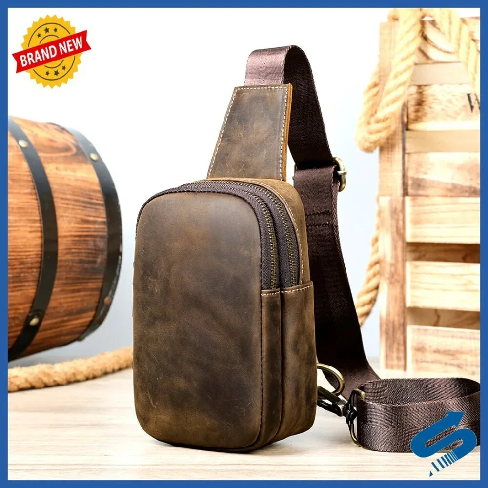 Vintage Leather Sling Bag for Men, Crossbody Messenger, Small Daypack